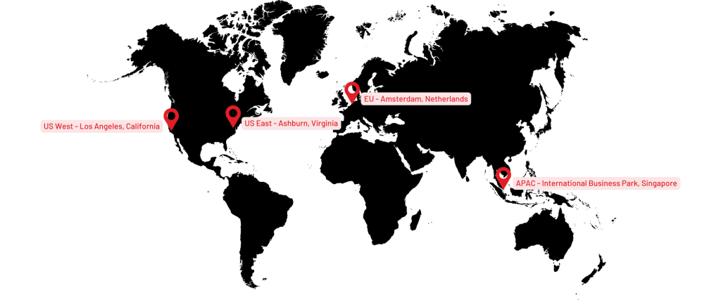 OpenMetal data center locations map showing locations in the US, Netherlands, and Singapore